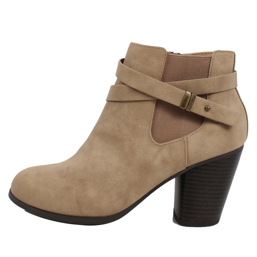 Taupe Strappy Elastic Stacked Heel Ankle Bootie